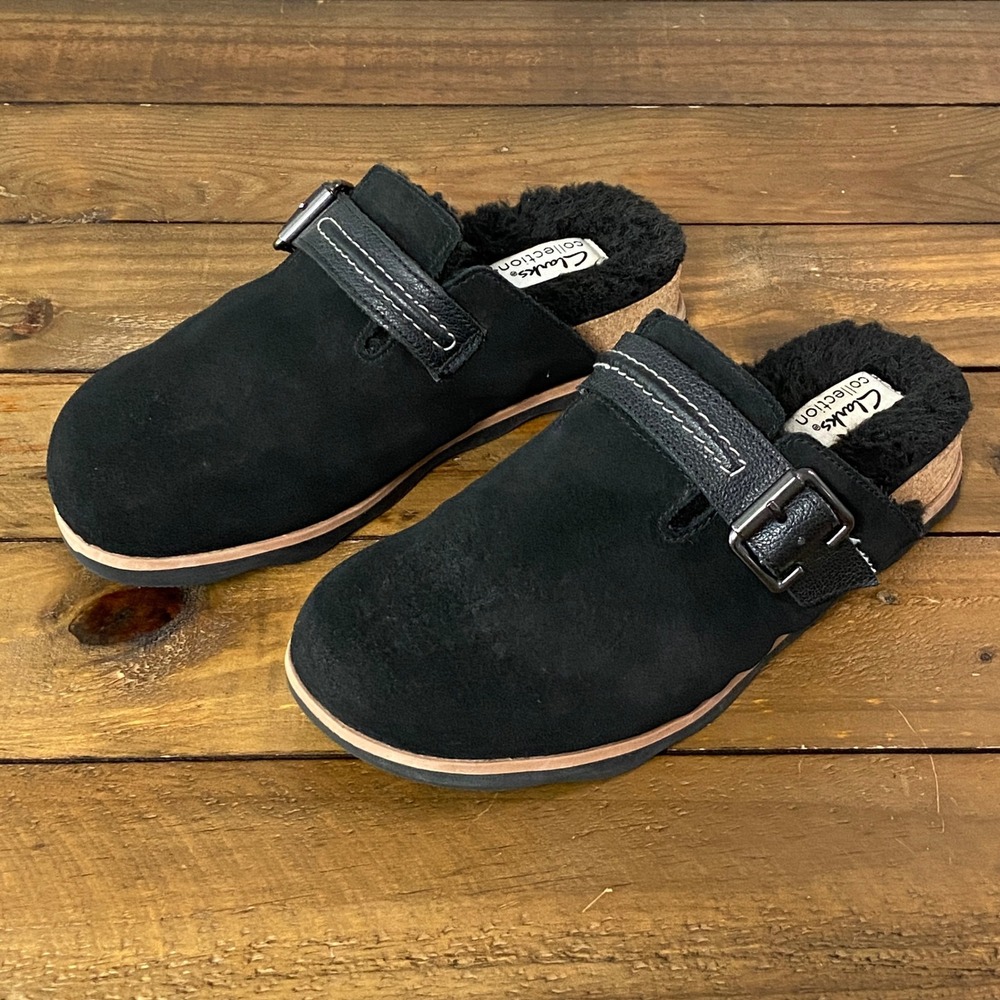 Clarks Collection Black Suede Faux Fur Lined Buckle Clogs Mules Womens 7.5 M